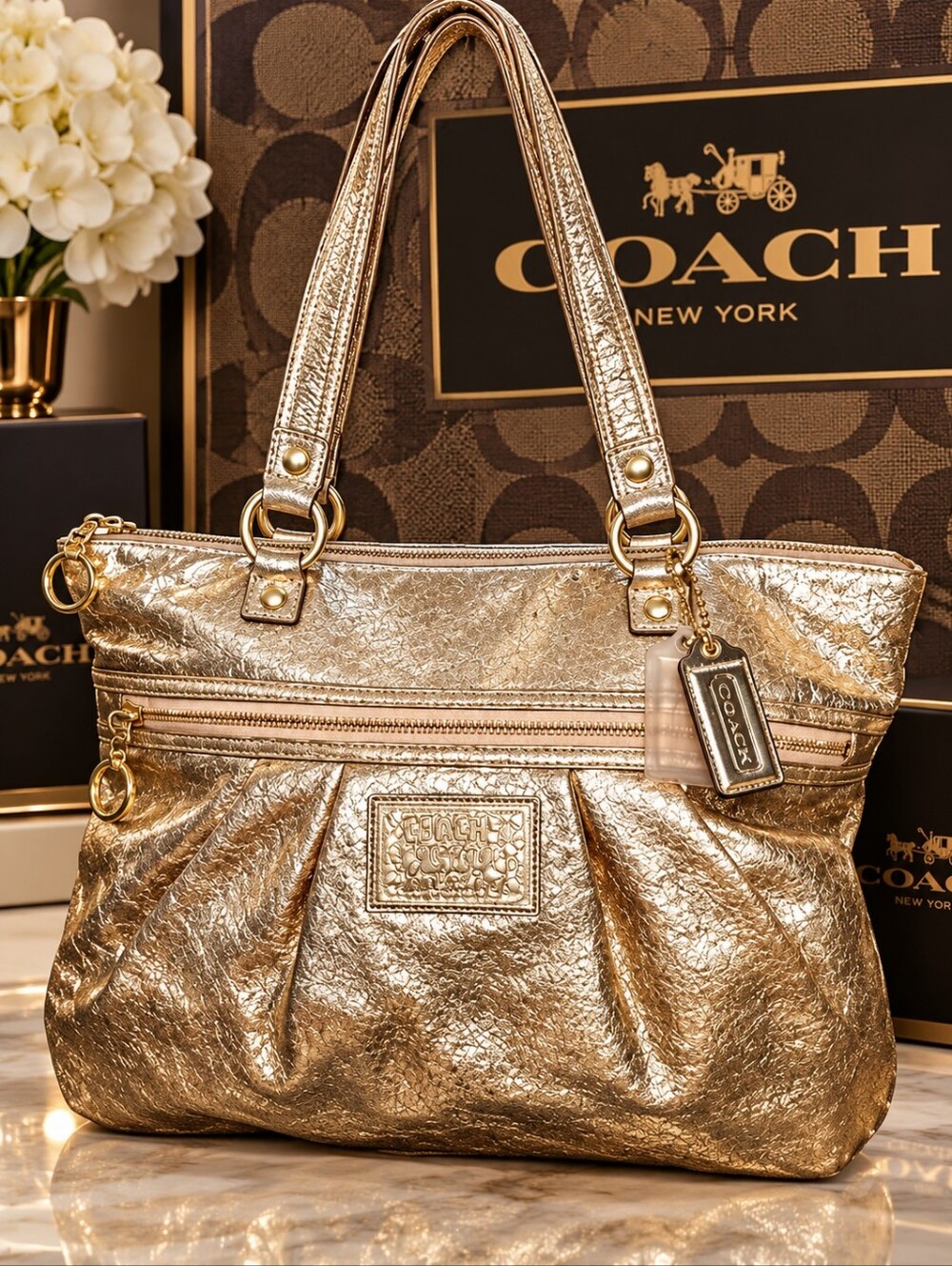 Coach Poppy Metallic Gold Leather Glam Tote